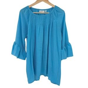 Jaclyn Smith Collection Women's Blue Smocked Ruffle Sleeve Peasant Blouse Top 1X